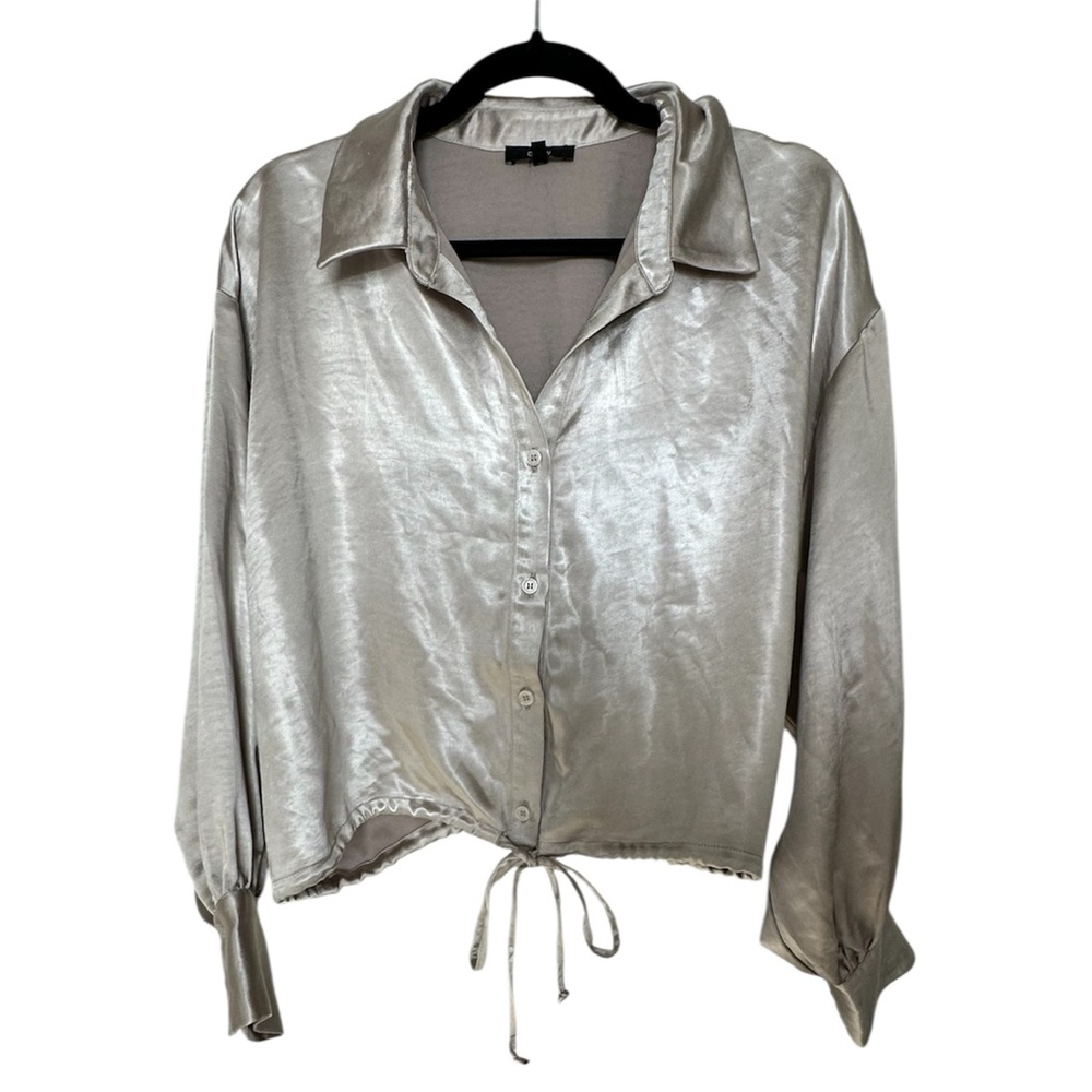 Drew Light Cream Button-Down Drawstring Hem Shirt - image 3